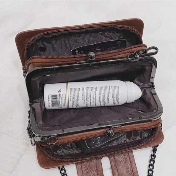 Brown Studded Bag Rhinestone Buckle Chain Crossbody Punk Goth Rocker Purse - Picture 7 of 9